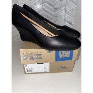 Clarks Olivette Pearl Wedge Pumps Womens Size 10 M Black Leather Comfort Shoes